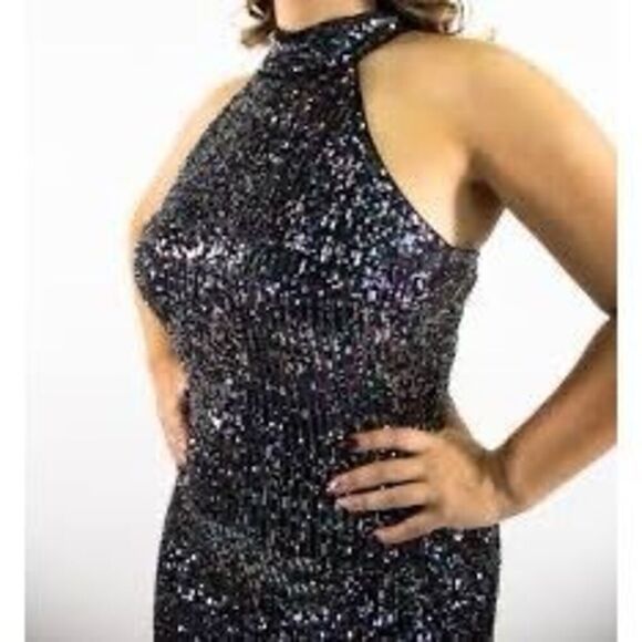 Betsy Adam Women's 4 Sequin Halter Evening Gown Black Metallic Glitz Glam Party - Picture 3 of 12
